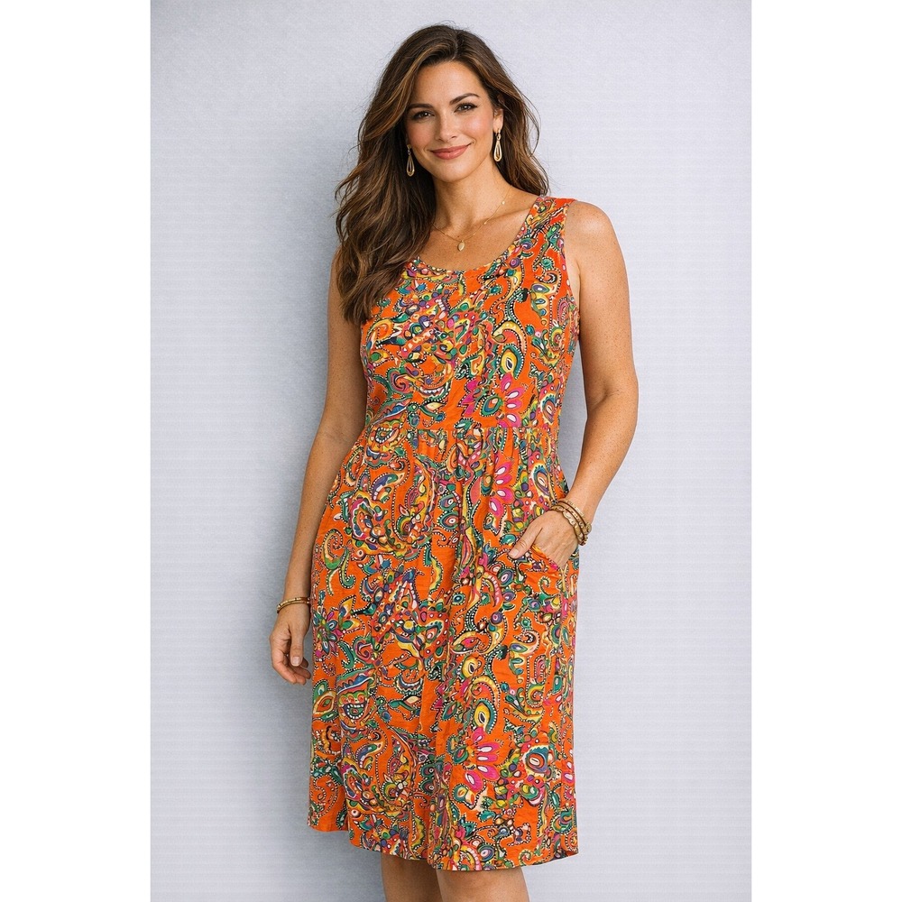 Choices Dress Womens L Orange Paisley Floral 100% Linen Sleeveless Midi tropical